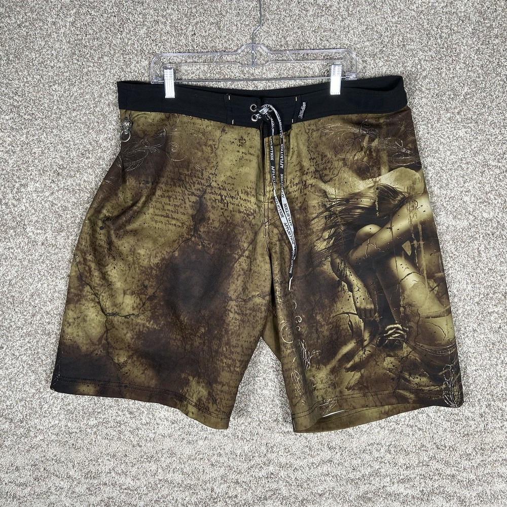 Affliction Board Shorts Mens 38 Brown Graphic Angel Skull Y2K MMA Swim Trunks